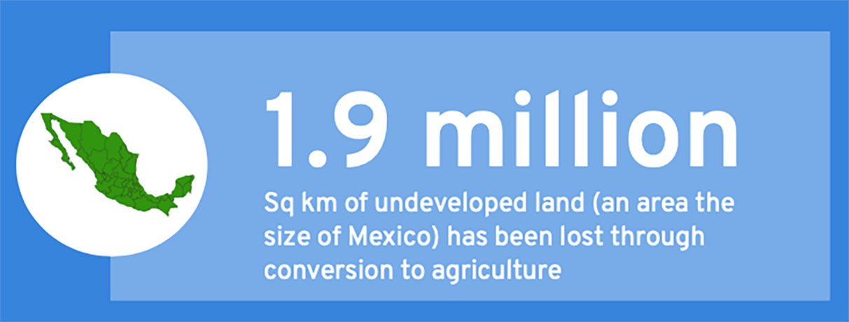 1,9 millones de kilómetros cuadrados de tierras no urbanizadas (una superficie del tamaño de México) se han perdido por la conversión a la agricultura.